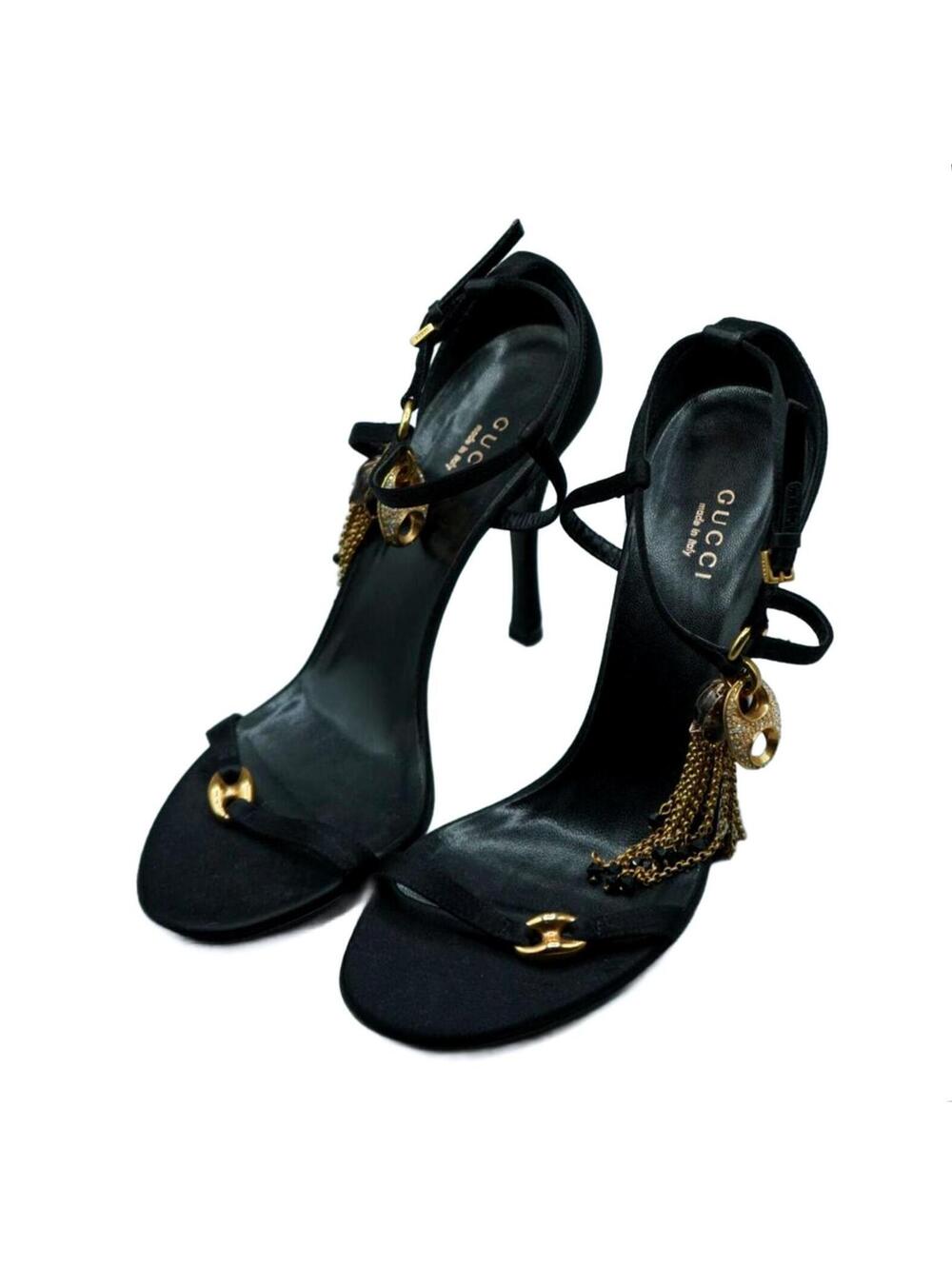 Gucci Tom Ford Black Satin Ankle Strap Charm Tassel Stiletto Heel Sz 7B Italy